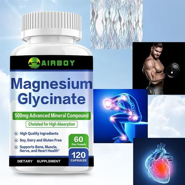 Биологически активная добавка Airboy Magnesium Glycine предназначена для поддержания здоровья костей, мышц, нервной системы и сердца, а также для расслабления и улучшения качества сна.
