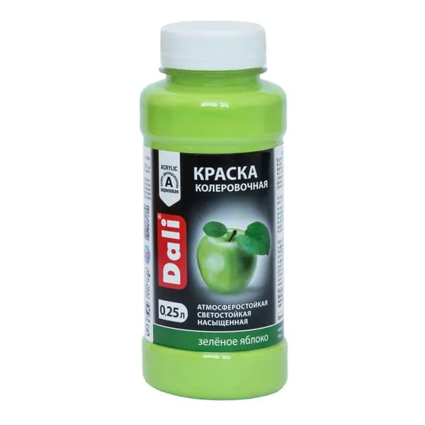 Краска-колер для хобби и творчества, Зеленое яблоко 0,25л, атмосферостойкая, от -40 до +40 С, светостойкая (6-8 баллов), Для декора, устойчива к выгоранию, влажной уборке, без запаха, по мин поверхности, дереву, загрунтованному металлу, Рогнеда