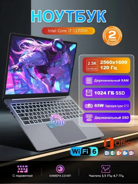 Ninkear N16 Pro Ультрабук для офиса работы и учебы с Office, 2.5K 2560x1600 IPS 120 Гц Мощный Игровой ноутбук 16", Intel Core i7-12700H, RAM 16 ГБ, SSD 1024 ГБ, Intel Iris Xe Graphics, Windows Pro, (двухканальная RAM два SSD, WiFi6, Type‑C 65 Вт), серый металлик, Русская раскладка