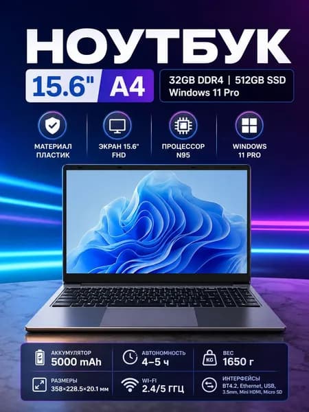 MOMEI Ноутбук 15.6" FHD, процессор N95, 32GB RAM + 512GB SSD, GeForce MX350, сканер отпечатка, подсветка клавиатуры, 180°, Ноутбук 15.6", Intel Alder Lake N95, RAM 32 ГБ, SSD 512 ГБ, NVIDIA GeForce MX350 (2 ГБ), Windows Pro, (A4), черный матовый, Русская раскладка