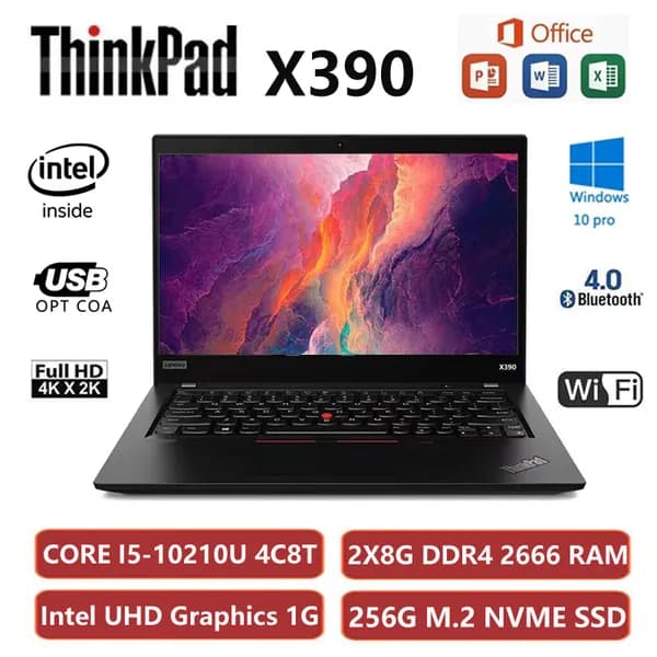 ноутбук 13.3" LENOVO Thinkpad X390 Ноутбук 13.3", Intel Core i5-10210U, RAM 16 ГБ, HDD, SSD 256 ГБ, Intel UHD Graphics 620, Windows Pro, черный матовый, Английская раскладка