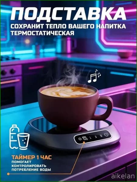 Качественный подогреватель для чашки, серебристый, с тремя режимами температуры. Нагрев кофе, чая, молока выполняется автоматически. Оснащен таймером употребления и отключением без контроля, применим