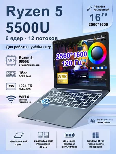 Ninkear Honor-Book A15 Pro (AI Видеокарта, высокое качество,8 ГБ видеопамяти,Windows+Office,Активация) Игровой ноутбук 16", AMD Ryzen 5 5500U, RAM 16 ГБ, SSD 1024 ГБ, AMD Radeon 660M, Windows Pro, серый металлик, Русская раскладка