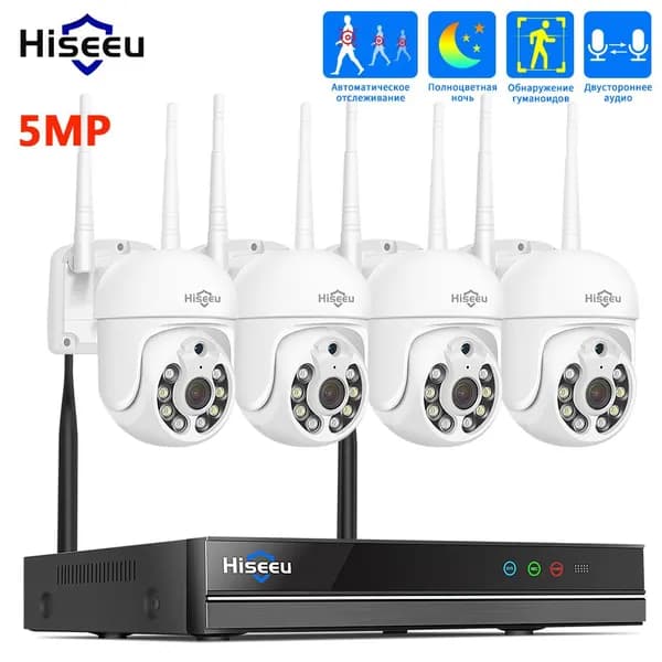 Hiseeu Wi-Fi PTZ Комплект камеры видеонаблюдения,10CH NVR Набор,5MP 4 IP камеры без жесткого диска, Цветная ночного видения,Автоматическое отслеживание,Двусторонняя аудиосвязь, P2P