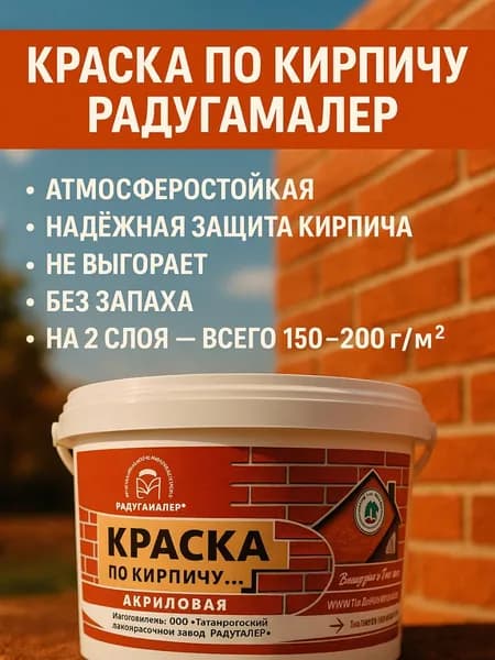 Краска акриловая по кирпичу серая 2,2 кг РАДУГАМАЛЕР / защита поверхностей из кирпича, черепицы, бетона, шифера, цементно-стружечных плит / атмосферостойкая / защищает от появления грибков и плесени