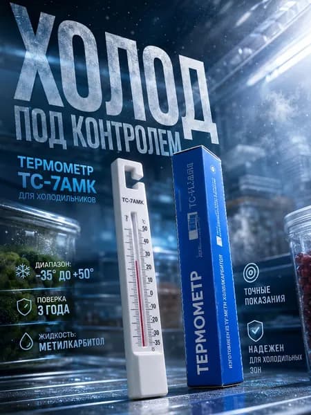 Термометр для холодильника и морозильной камеры ТС-7АМК (-35+50C), жидкостный безртутный с поверкой ГР СИ. Точный градусник для дома, склада и медицины с крючком для подвешивания.