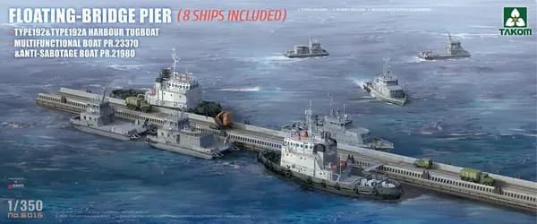 Сборная модель судна TAKOM Floating-Bridge Pier (8 Ships Included) Type192&Type192A Harbour Tugboat Multifunctional Boat PR.23370 & Anti-Sabotage Boat PR.21980 6015, масштаб 1/350