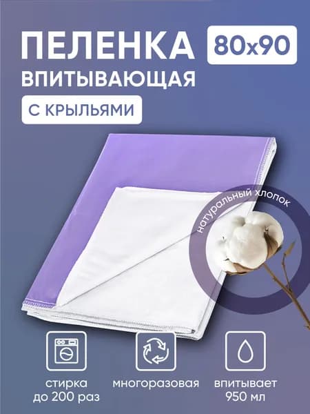 Многоразовая непромокаемая пеленка с крыльями BESIDE стеганная сиреневая 80x90 см, хлопок ПВХ, клеенка подкладная водонепроницаемая впитывающая простыня для детей, новорожденных, взрослых бисайд